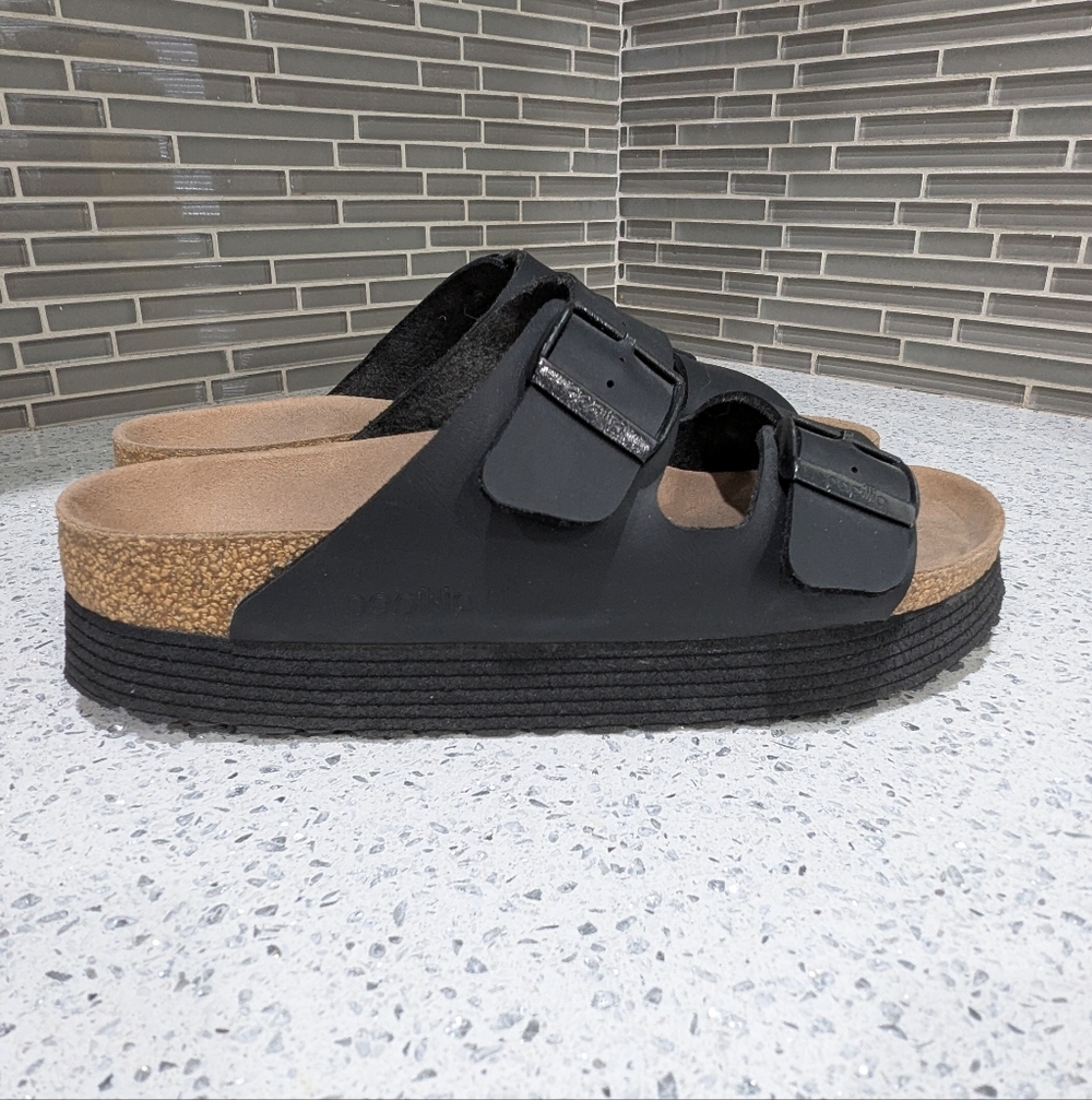Papillio Birkenstock Platform Arizona Black Vegan Two Strap Sandal Size 39 8 8.5 - Picture 5 of 10
